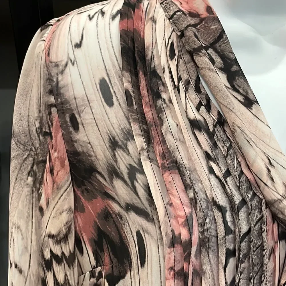 JLo Pink Leopard Print Chiffon Tie Neck Pin tucked Long Sleeve Blouse - Picture 9 of 13